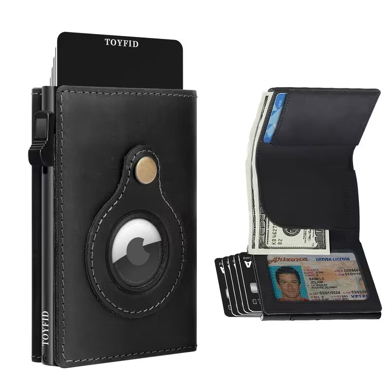 TOYFID Leather Wallet for Men, RFID Blocking Pop up Card Holder with Slide Ejector Button, ID Window, Airtag Slot, Mirror, Large Capacity Organiser for Credit Card/Bank Card/Cash