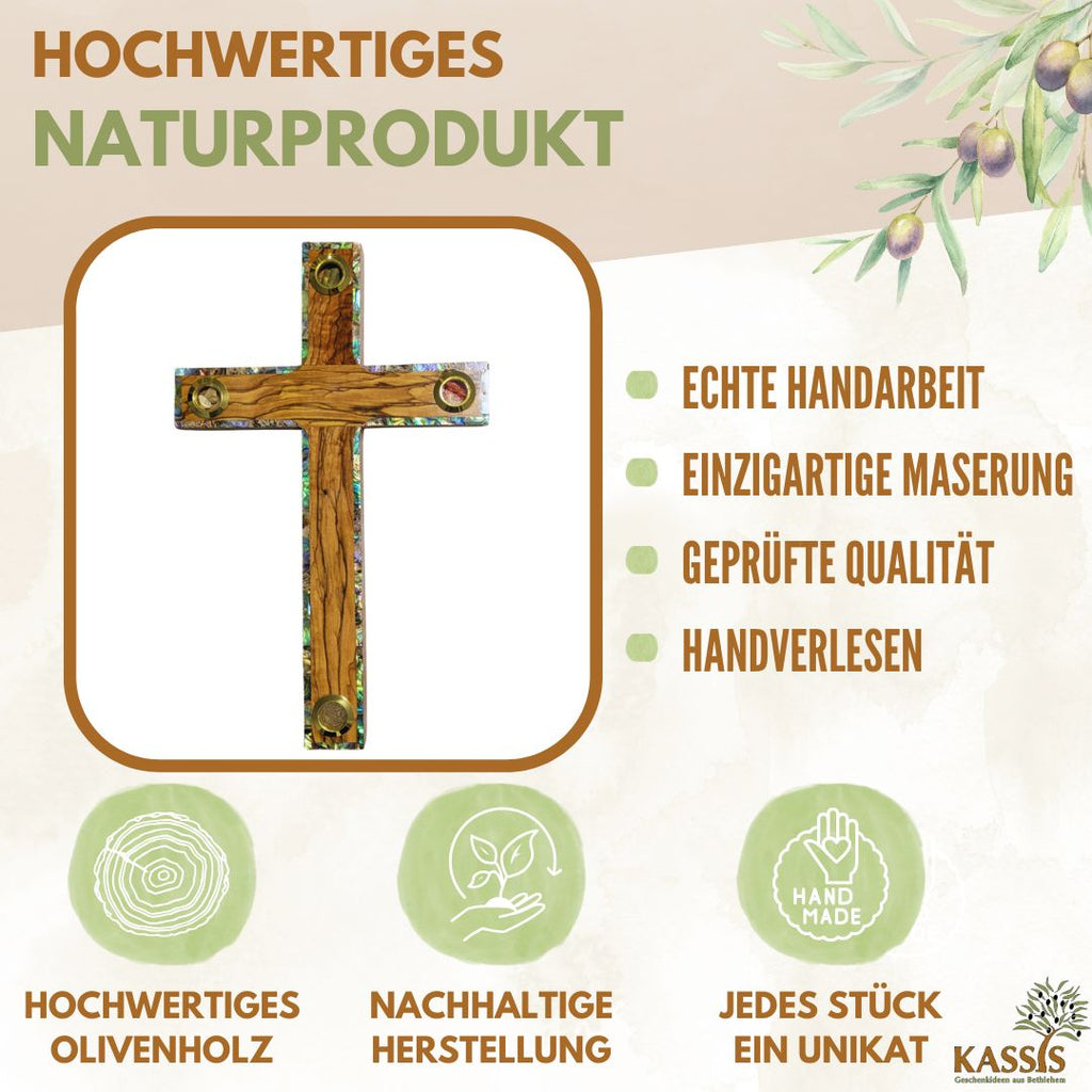 Olivenholz Kreuz mit Einlagen aus Bethlehem 25 × 15 cm | Wandkreuz mit Erde, Steinen, Weihrauch & Olivenblättern