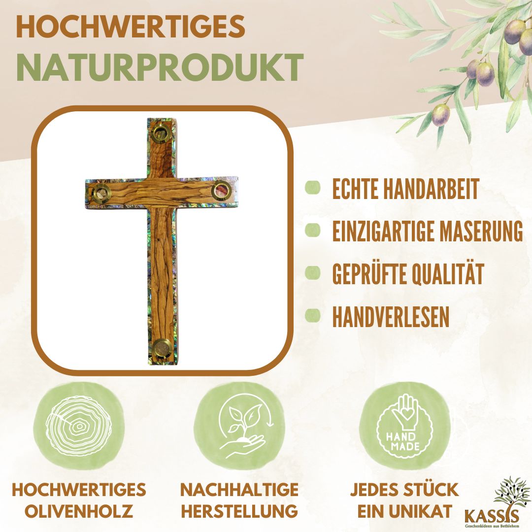 Olivenholz Kreuz mit Einlagen aus Bethlehem 25 × 15 cm | Wandkreuz mit Erde, Steinen, Weihrauch & Olivenblättern