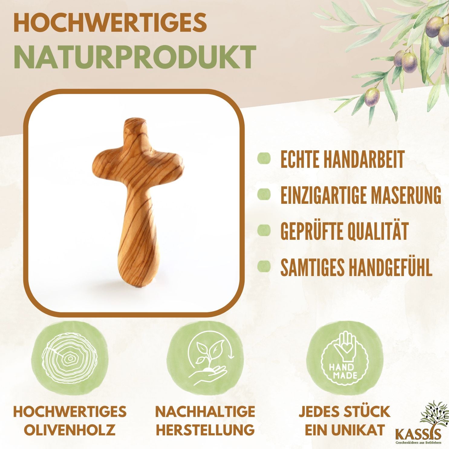 Olive wood cross palm stone