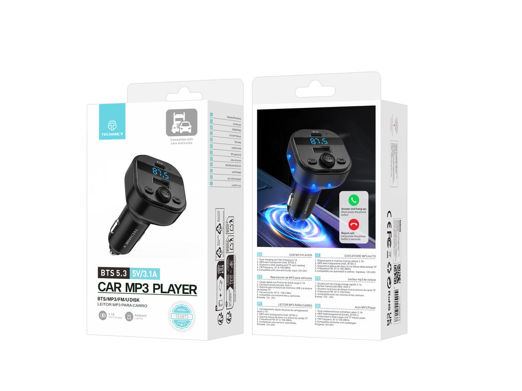 Techancy Leitor MP3 para Carro TE0873, Dupla Porta USB 3.1A, FM, U Disk, TF Card, Compativel 12V-24V Carros e Caminhoes