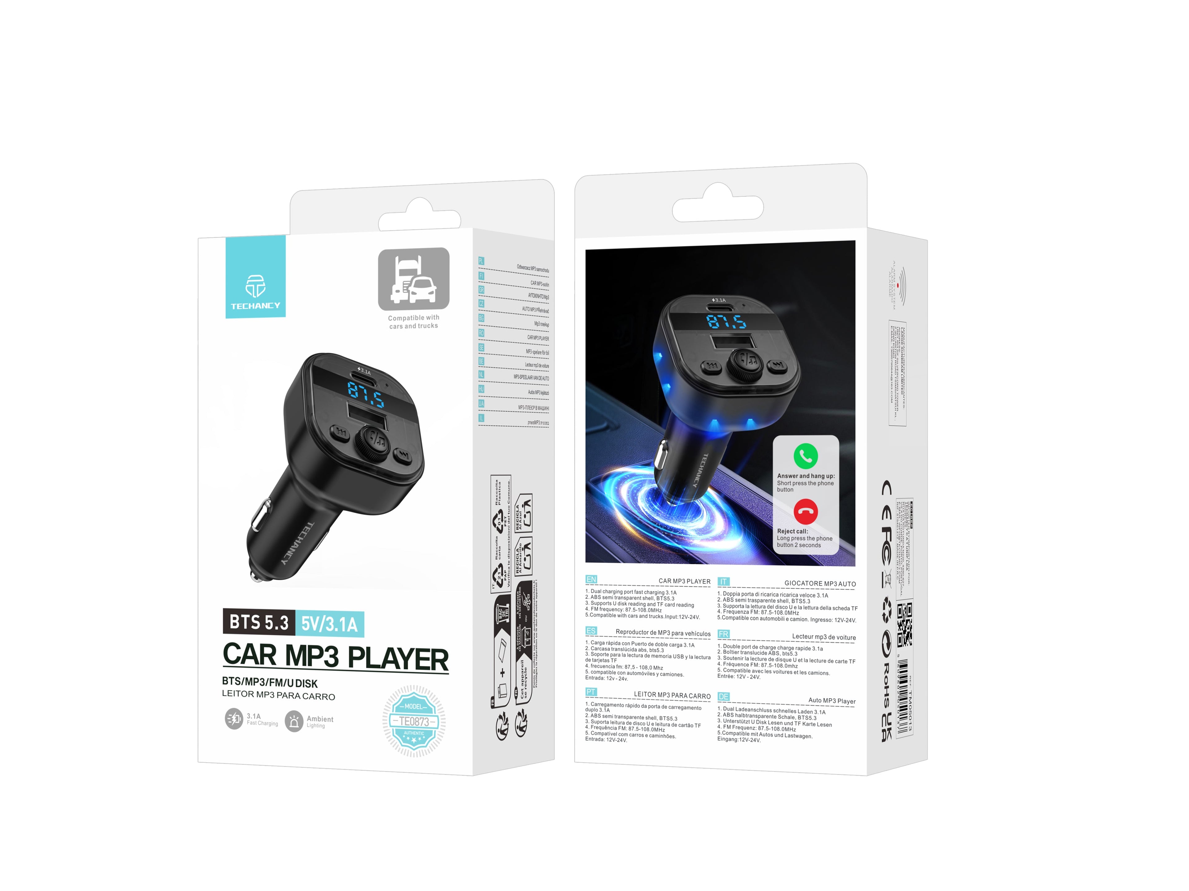 Techancy Leitor MP3 para Carro TE0873, Dupla Porta USB 3.1A, FM, U Disk, TF Card, Compativel 12V-24V Carros e Caminhoes